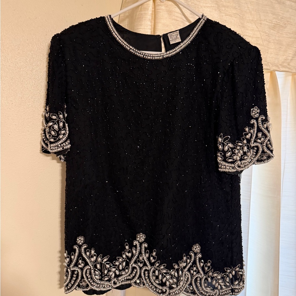 Elegant Black Beaded Silk Women's Top L